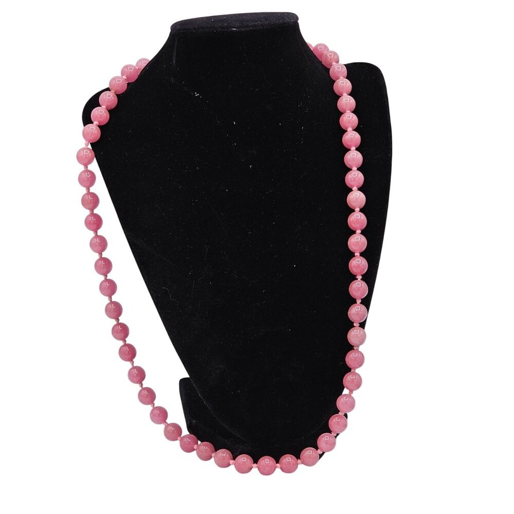 Vintage Long Smooth Round Glass Pink Beaded Necklace Gold Clasp Barbiecore